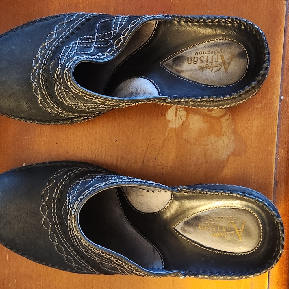 Clarks Black Suede Mules with Decorative Stitching